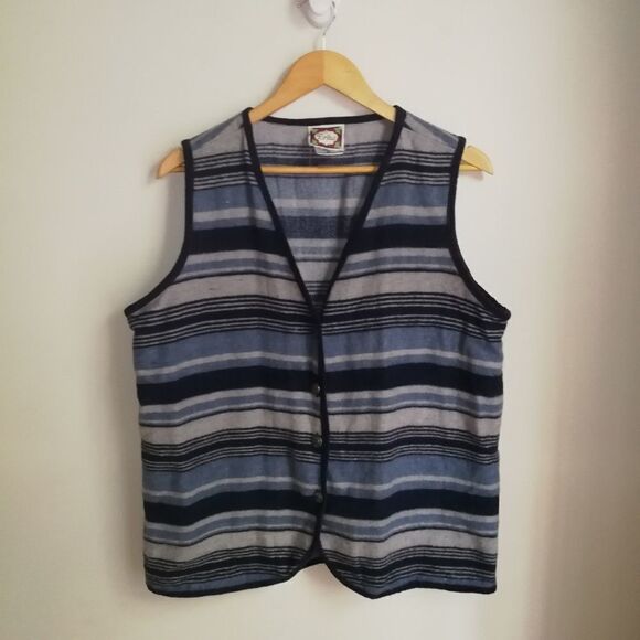 VINTAGE Blue & Grey Stripes Boiled Wool Western Sleeveless Vest Size Medium - Picture 2 of 11